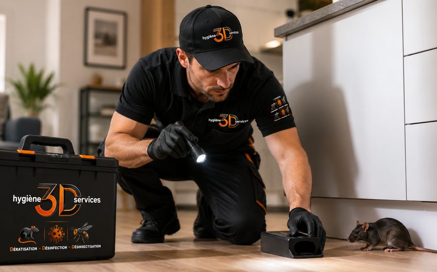 Technicien Hygiène 3D Services posant un poste d'appâtage